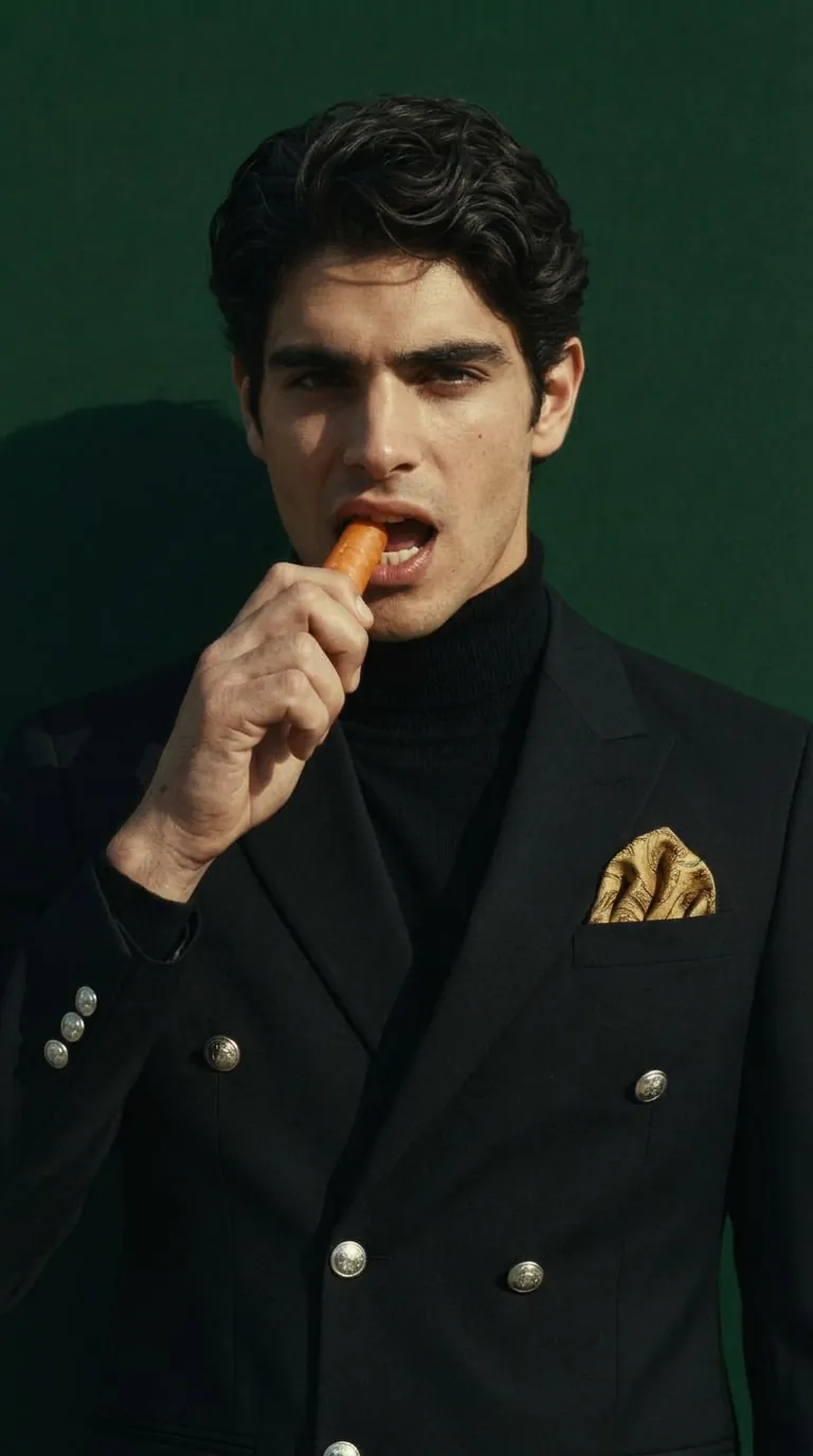 Editorial close-up of the lead in the same suit and gold pocket square