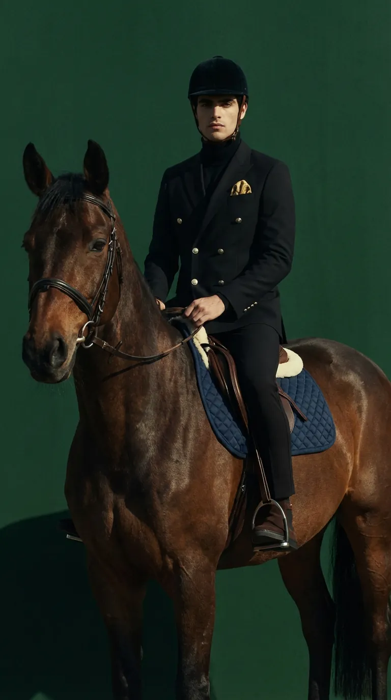 The same AI-generated lead on horseback against a deep green wall