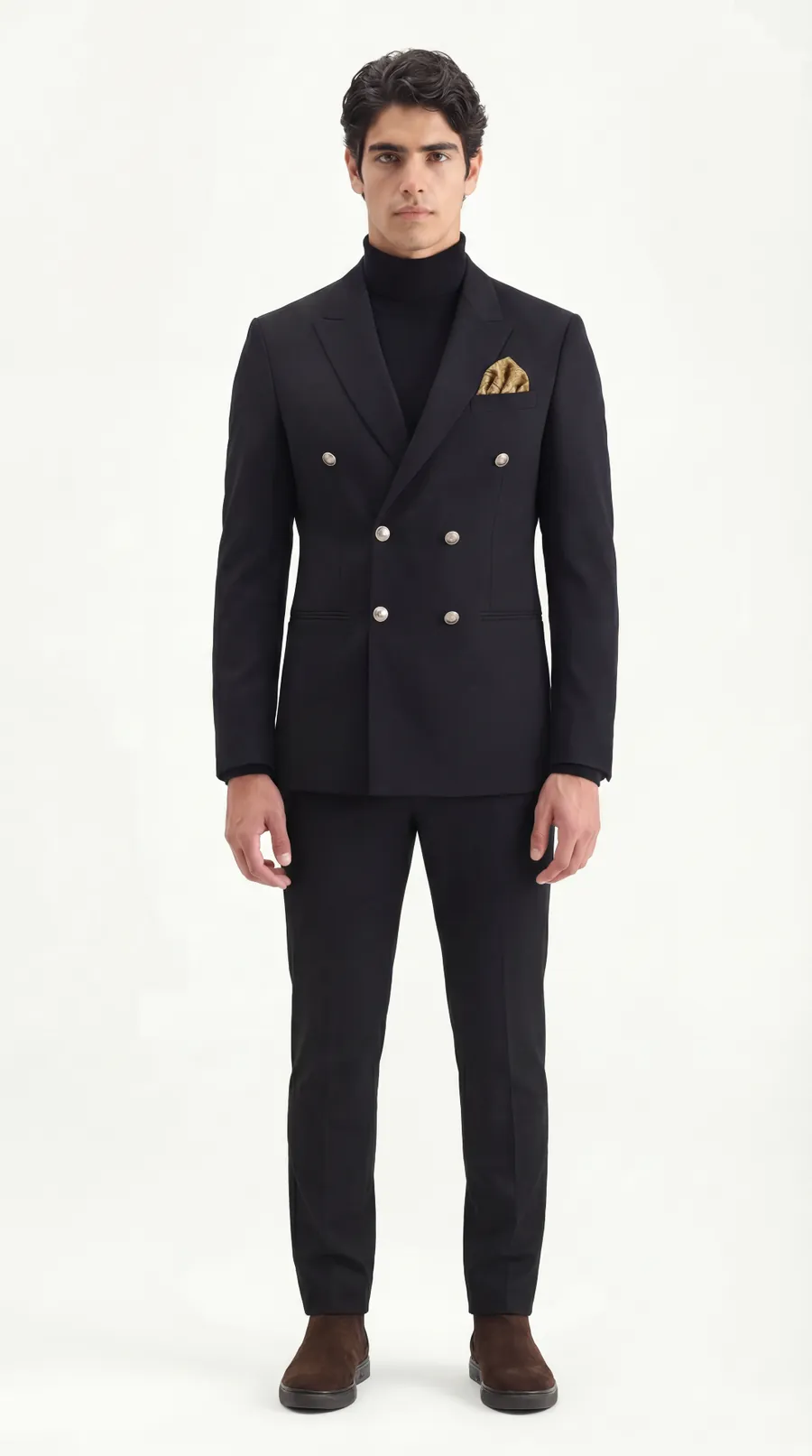 Studio portrait of the AI-generated campaign lead in a black double-breasted suit