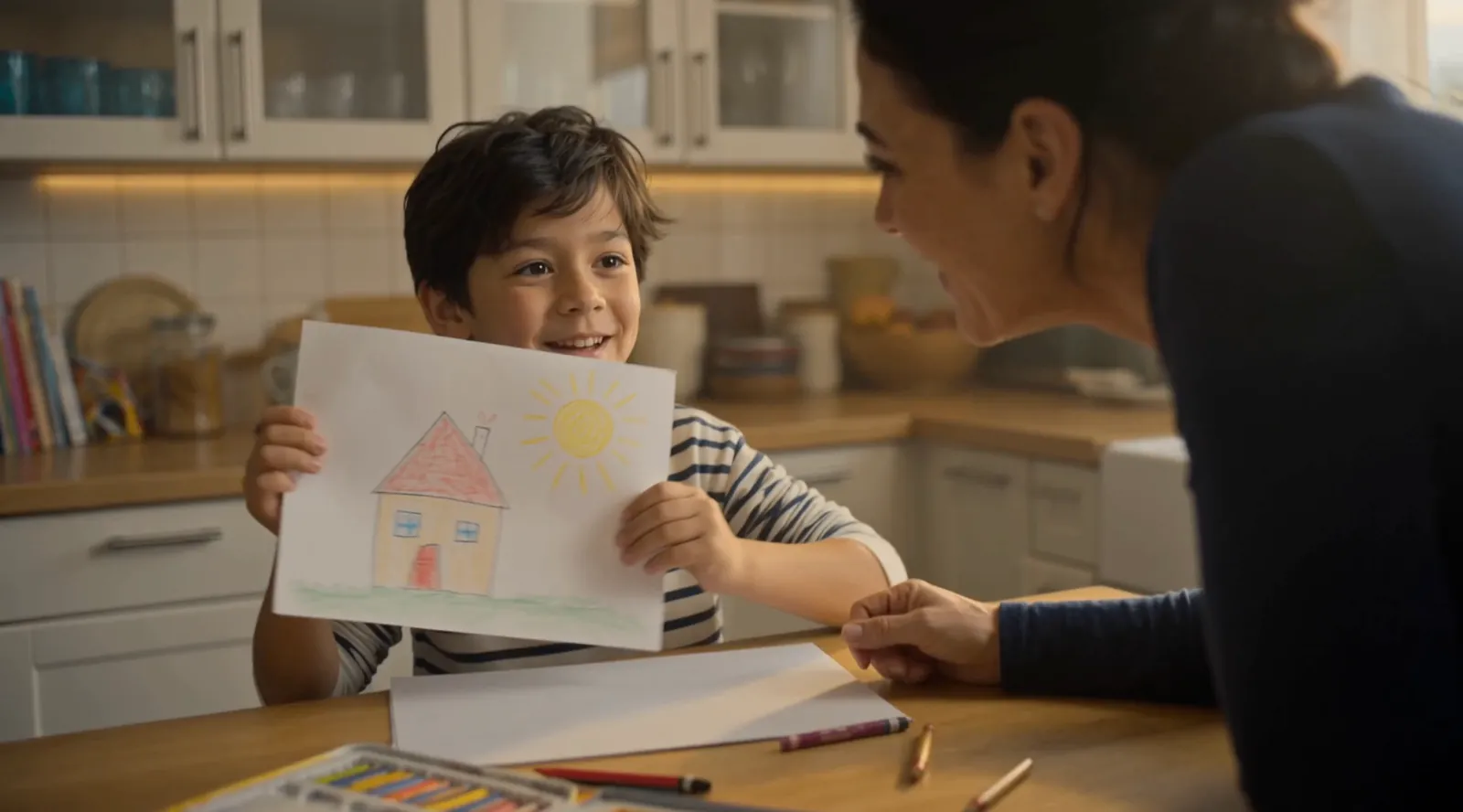 Storyboard frame: the boy proudly shows a crayon drawing of a house